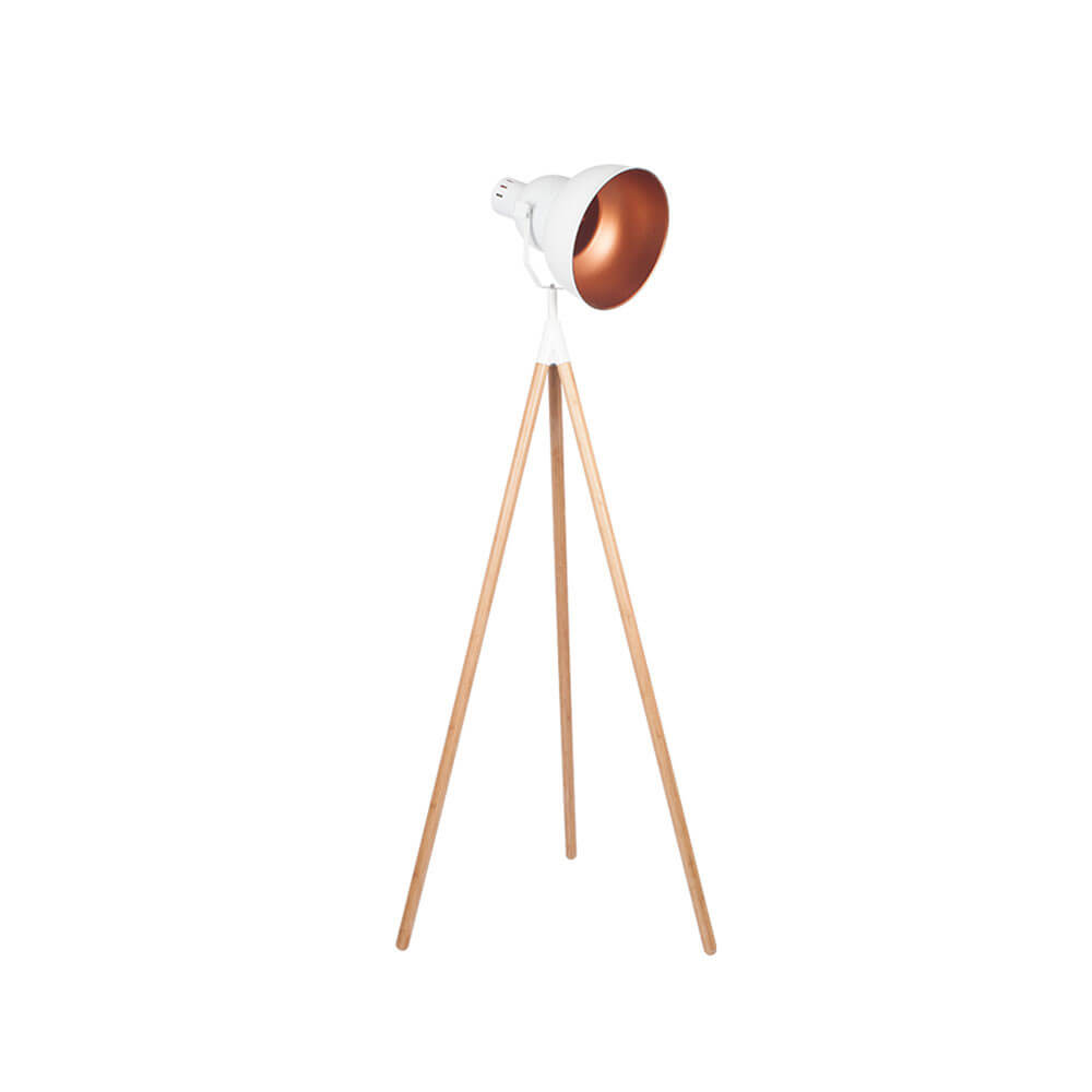 Showing image for Cream & copper floor lamp with natural wood tripod